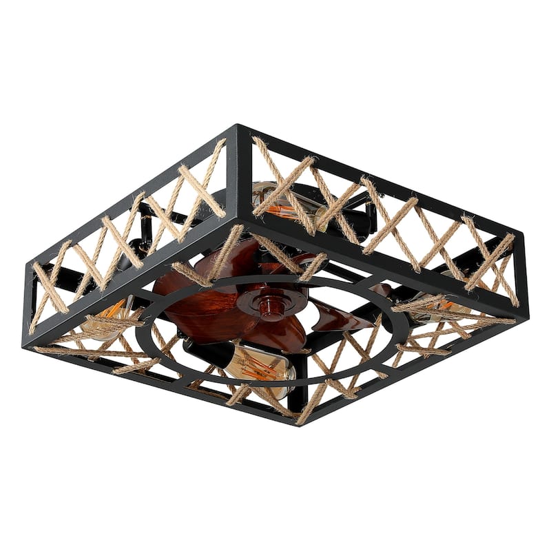 Netin 18" Rustic Farmhouse Black Caged Rattan Ceiling Fan Light, Flush